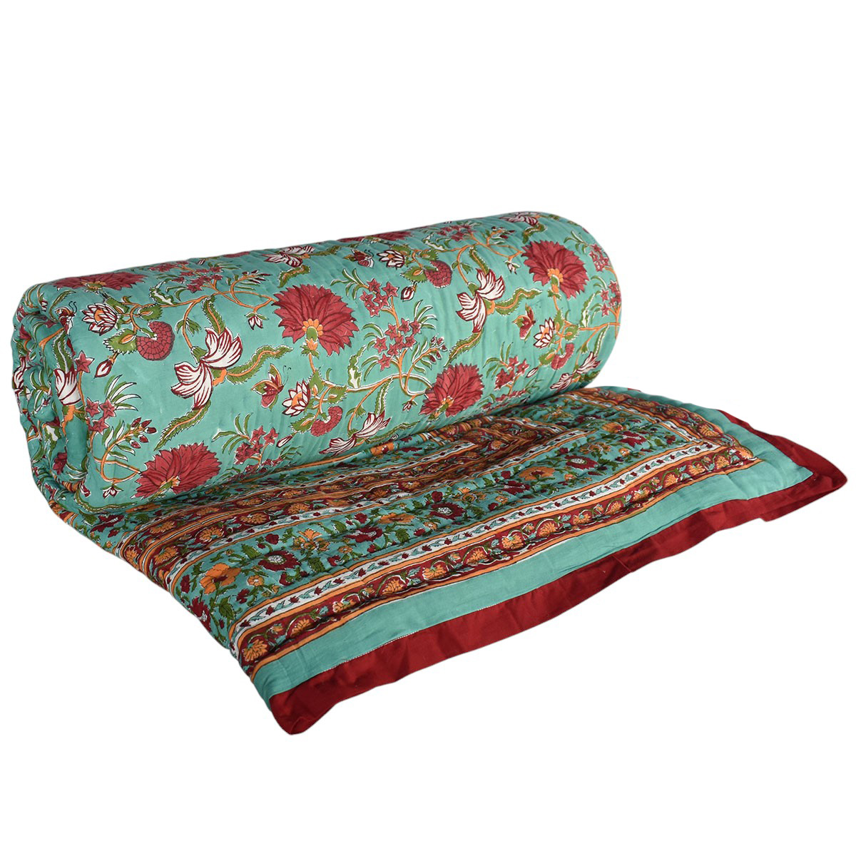 Hand Block Printed Cotton King Size Quilt Flower Blossom Jade 206139