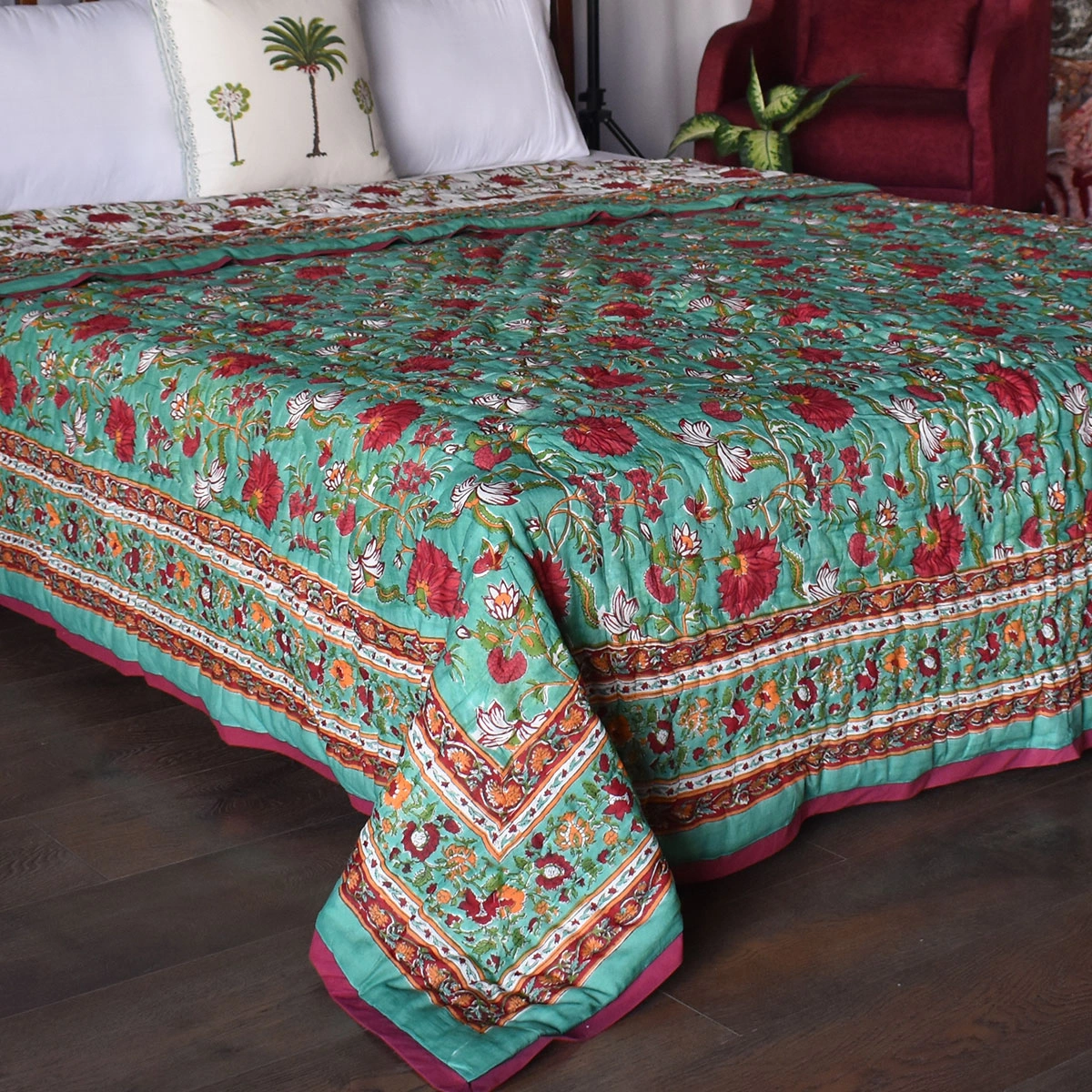 Handmade Block Printed Cotton Queen Quilt Flower Blossom Jade Gud 104415