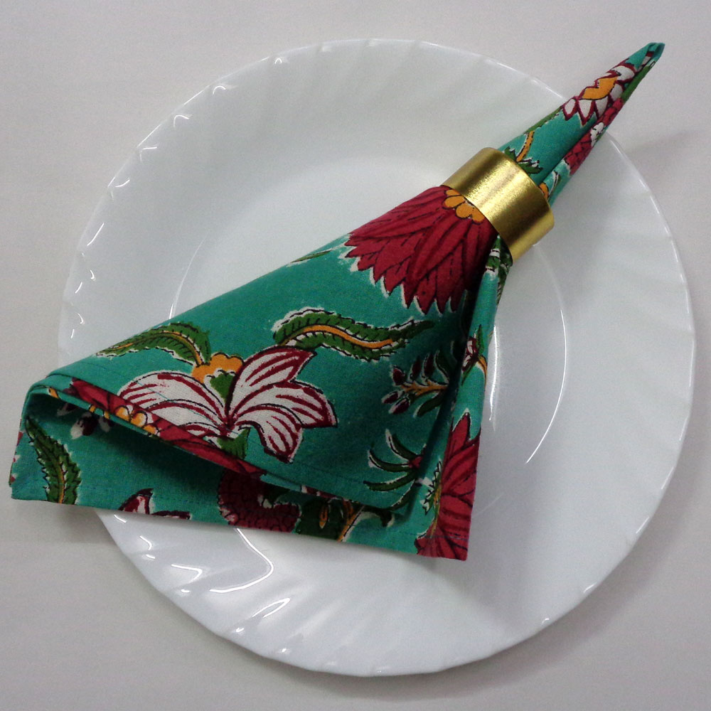 Hand Block Printed Cotton Napkin 45x45 cms Set of 4 Napkins Flower Blossom Jade Gud 104415