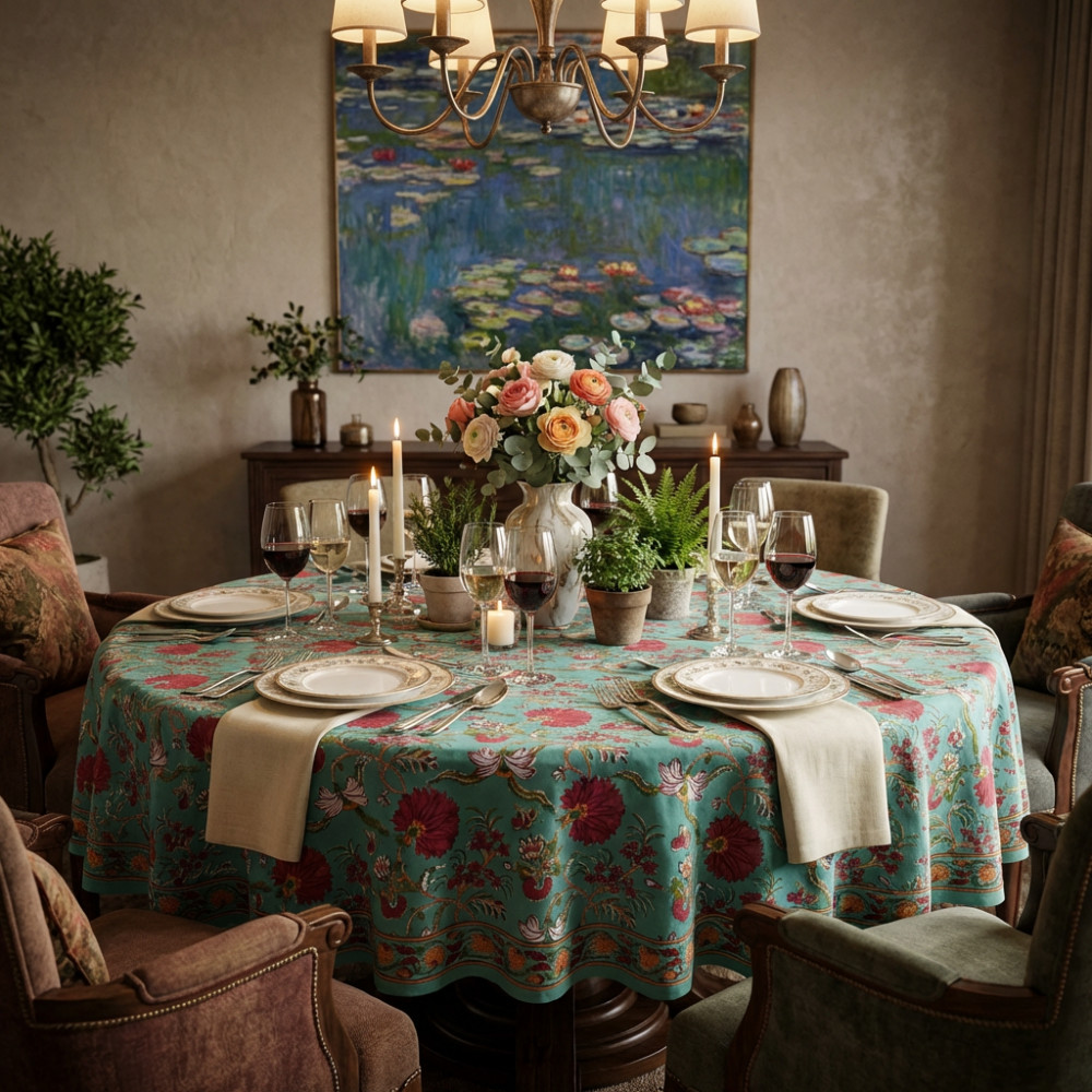 Image of Hand Block Printed Cotton Round Tablecloth 220 cms| Flower Blossom Jade Gud 104415