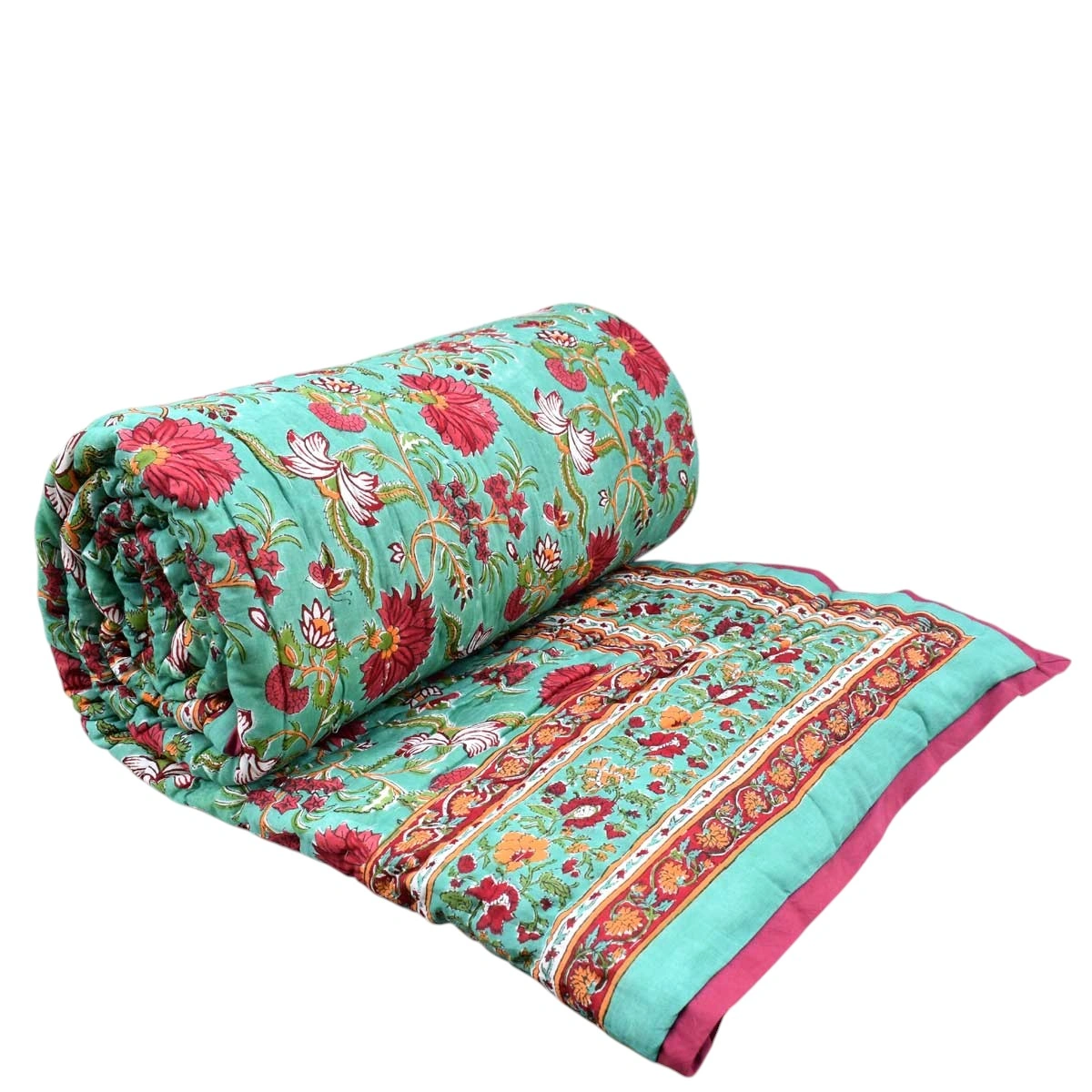 Handmade Block Printed Cotton Queen Quilt Flower Blossom Jade Gud 104415