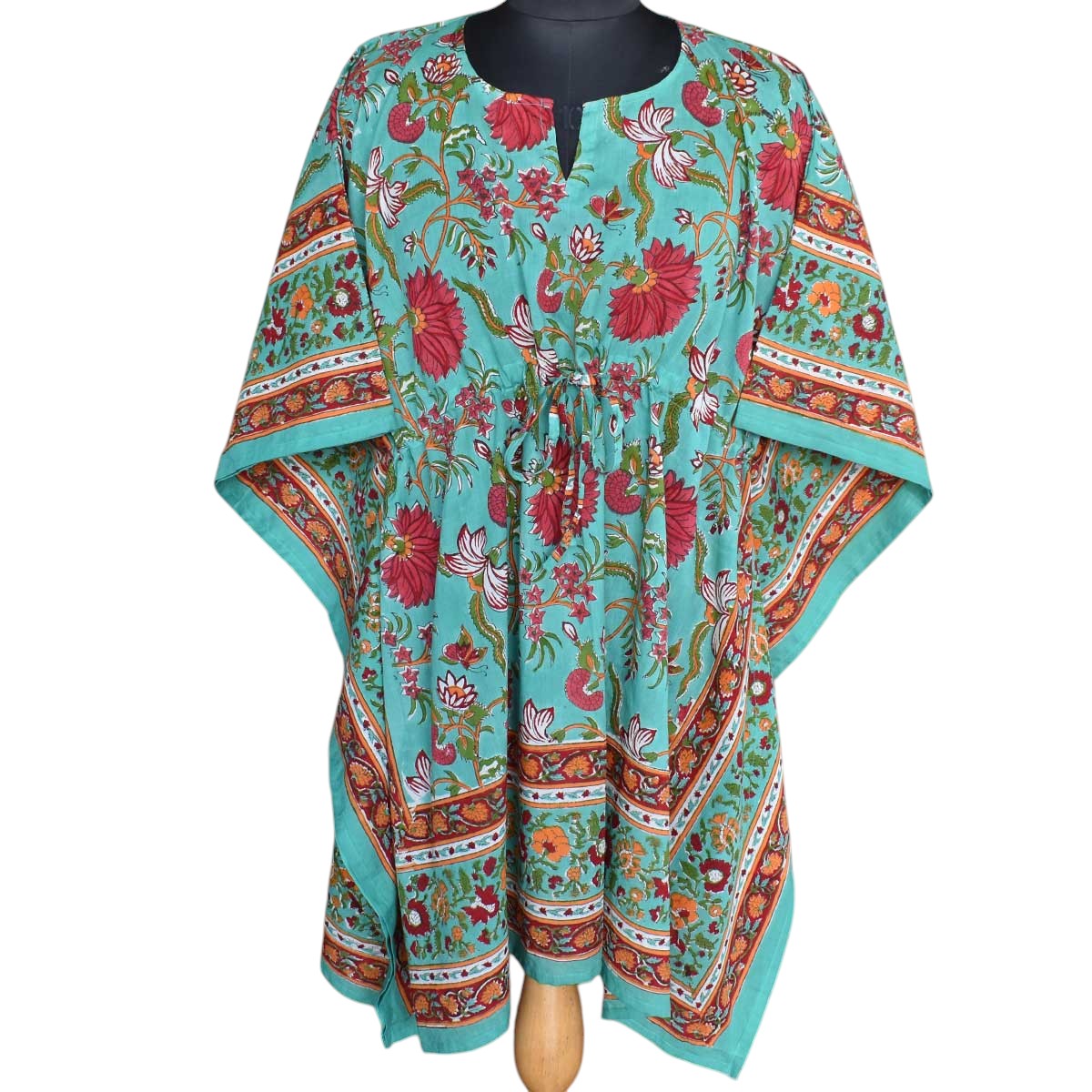 String Kaftan Free Size Indian Block Printed on Soft Cotton Voile Flower Blossom Jade Gud 104415