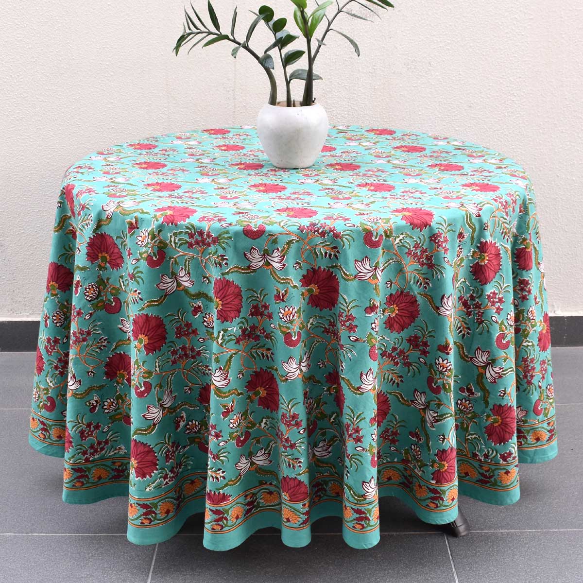 Hand Block Printed Cotton Round Tablecloth 220 cms Flower Blossom Jade Gud 104415