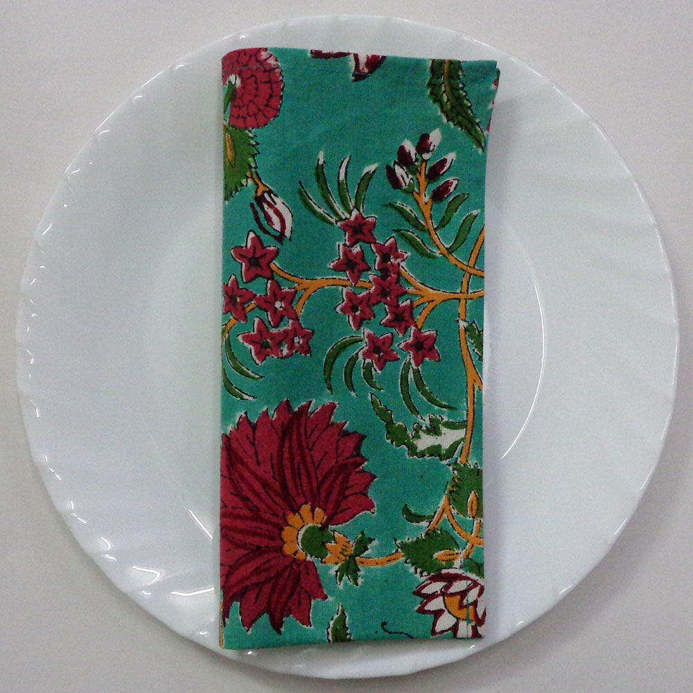 Hand Block Printed Cotton Napkin 45x45 cms Set of 4 Napkins Flower Blossom Jade Gud 104415