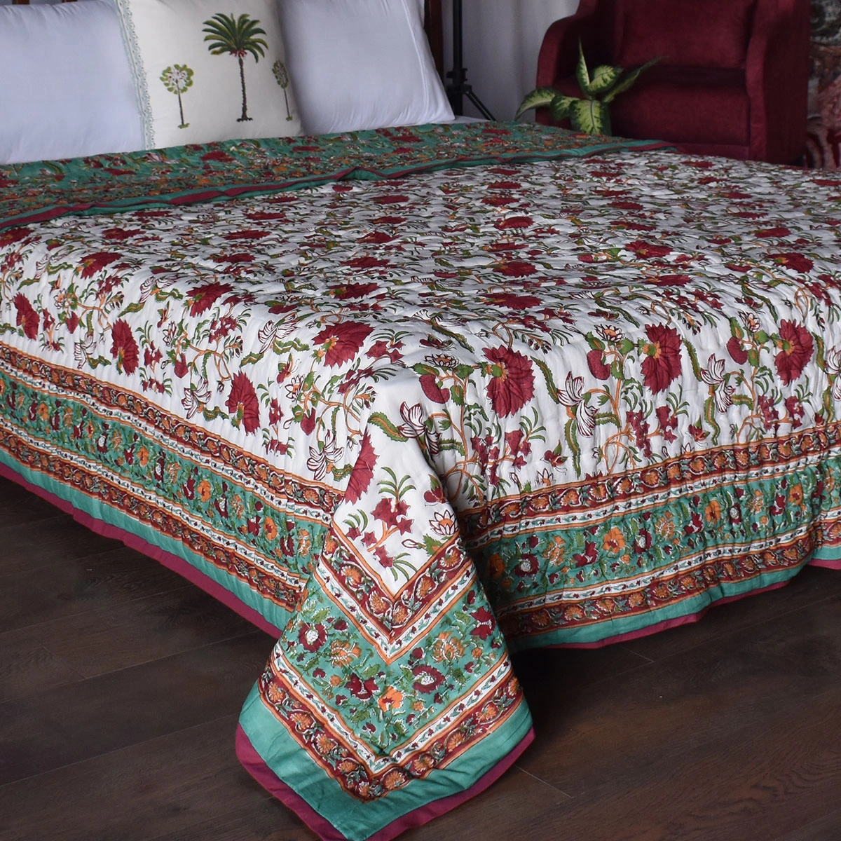 Handmade Block Printed Cotton Queen Quilt Flower Blossom Jade Gud 104415