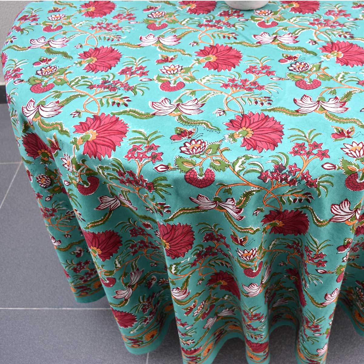 Hand Block Printed Cotton Round Tablecloth 220 cms Flower Blossom Jade Gud 104415