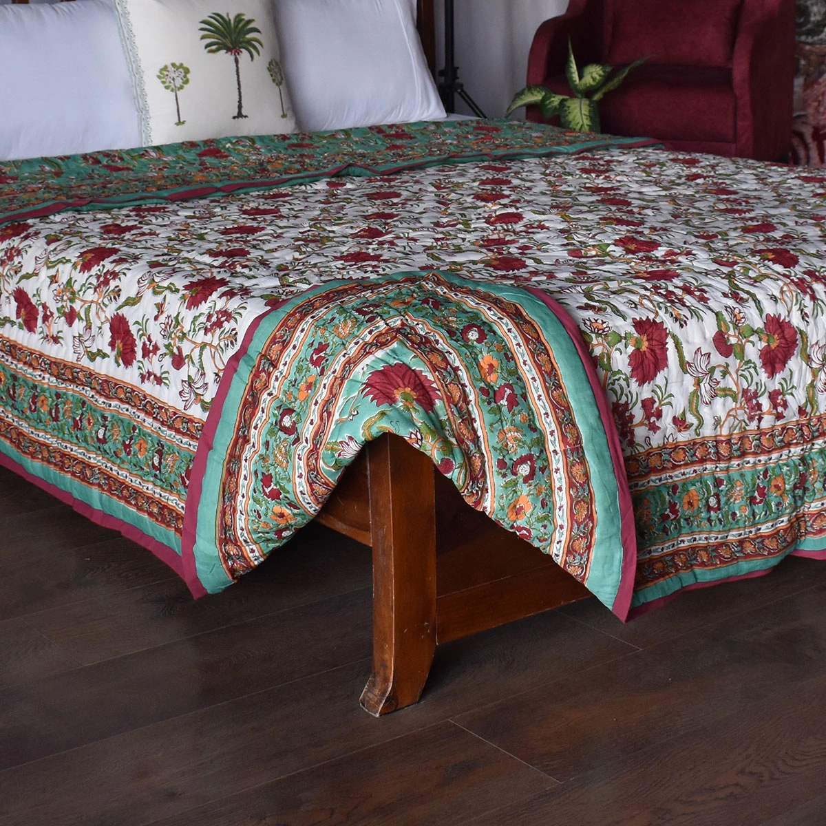 Handmade Block Printed Cotton Queen Quilt Flower Blossom Jade Gud 104415