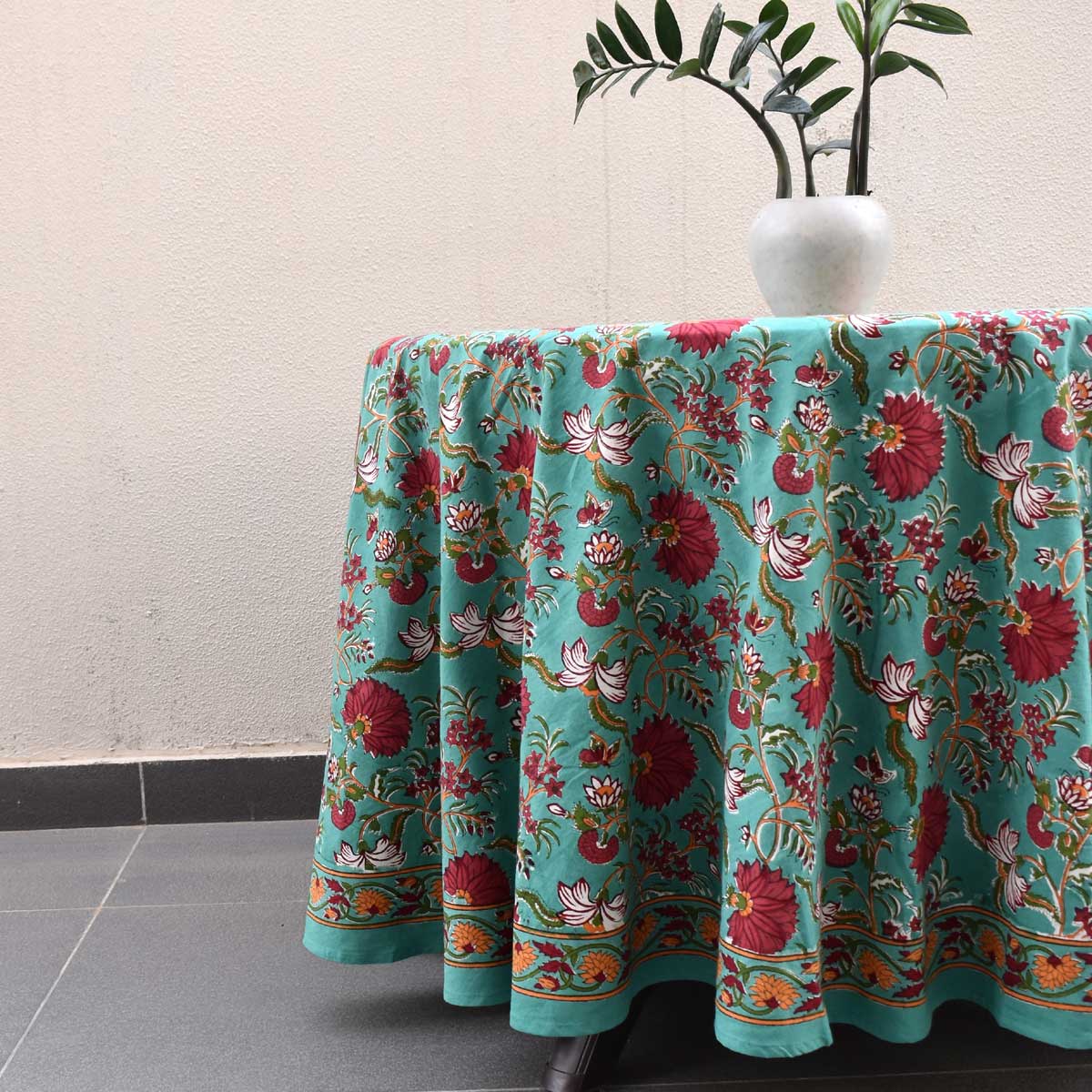 Hand Block Printed Cotton Round Tablecloth 220 cms Flower Blossom Jade Gud 104415