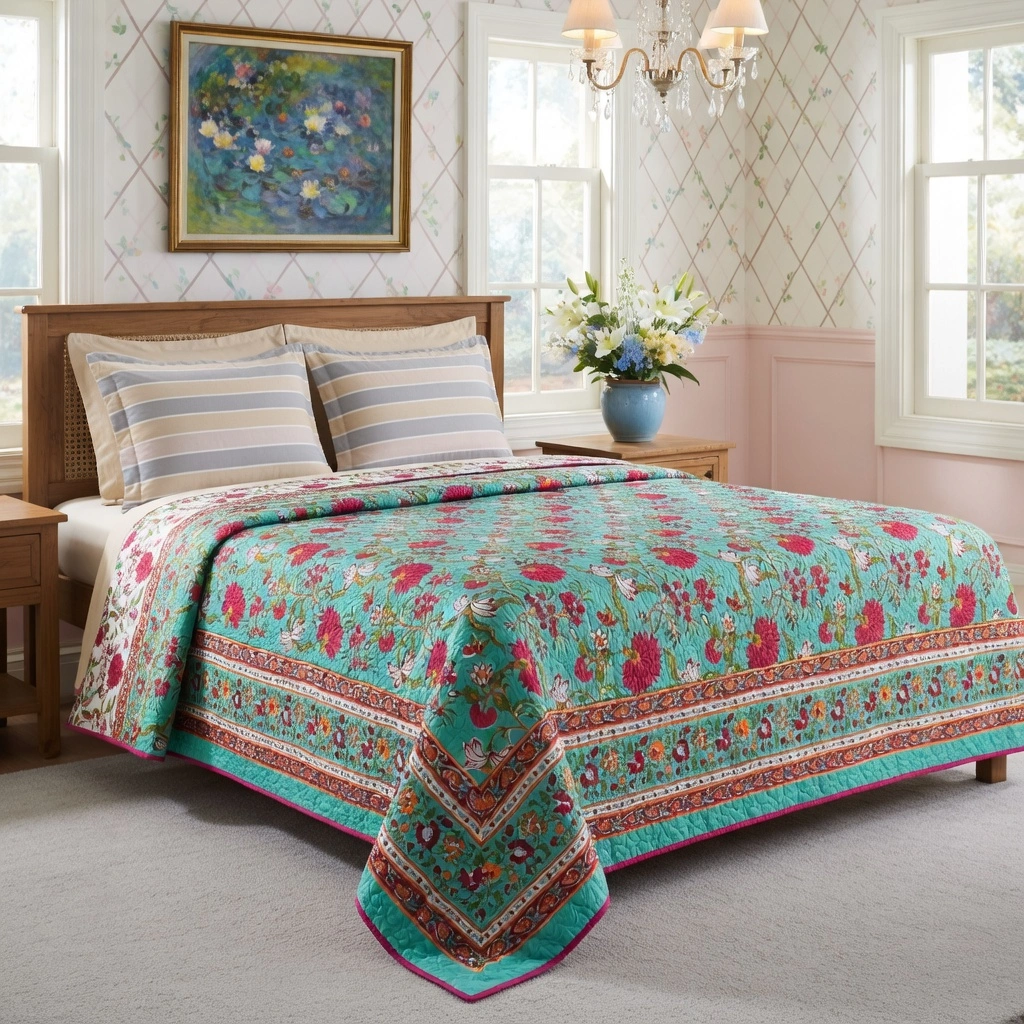 Handmade Block Printed Cotton Queen Quilt Flower Blossom Jade Gud 104415