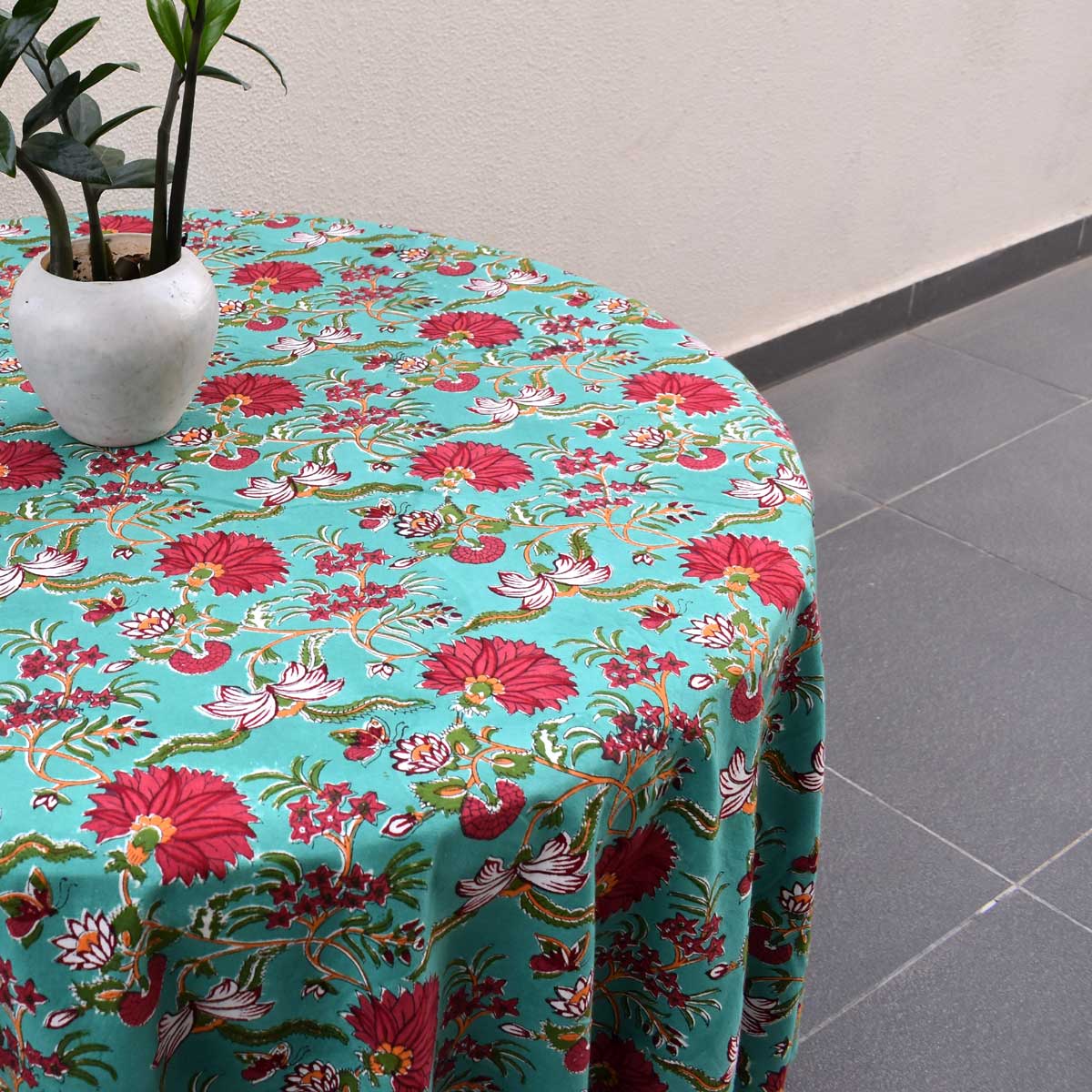 Hand Block Printed Cotton Round Tablecloth 220 cms Flower Blossom Jade Gud 104415