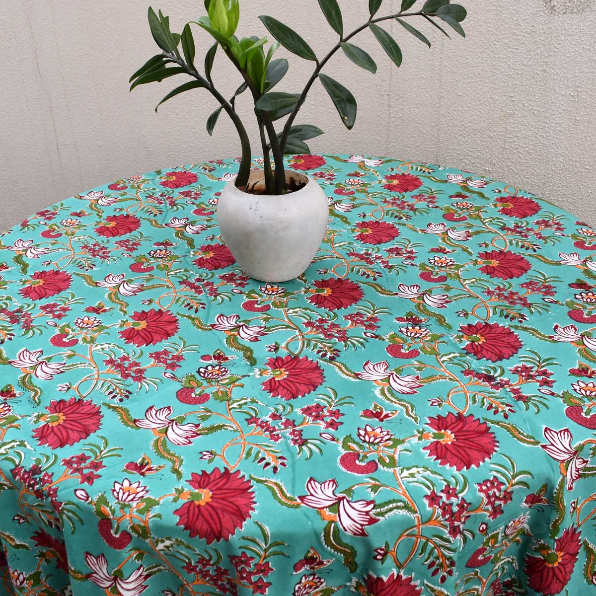 Hand Block Printed Cotton Round Tablecloth 220 cms Flower Blossom Jade Gud 104415