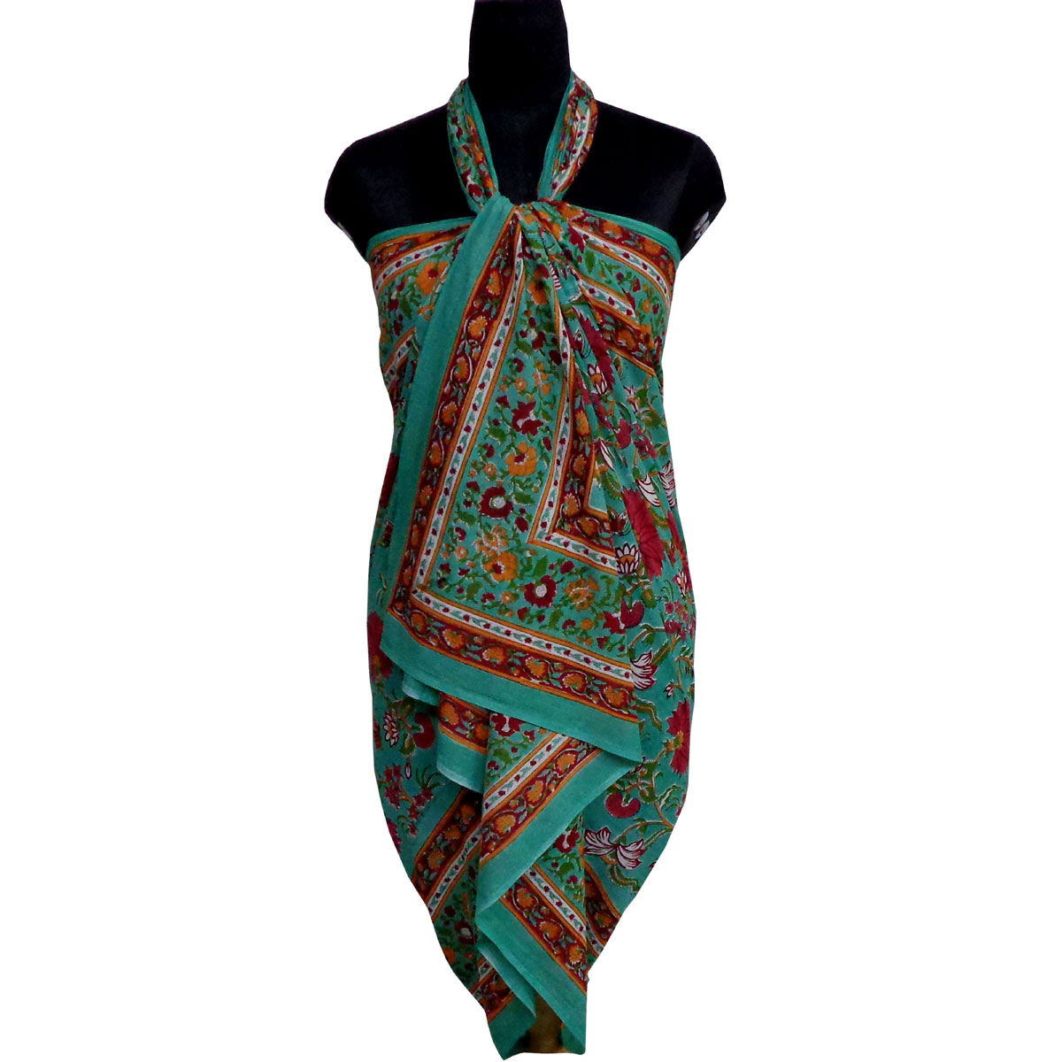 Beach Wrap Sarong Womens Swimwear Wraparound Pareo Soft Cotton Hand Block Printed Flower Blossom Jade Gud 104415