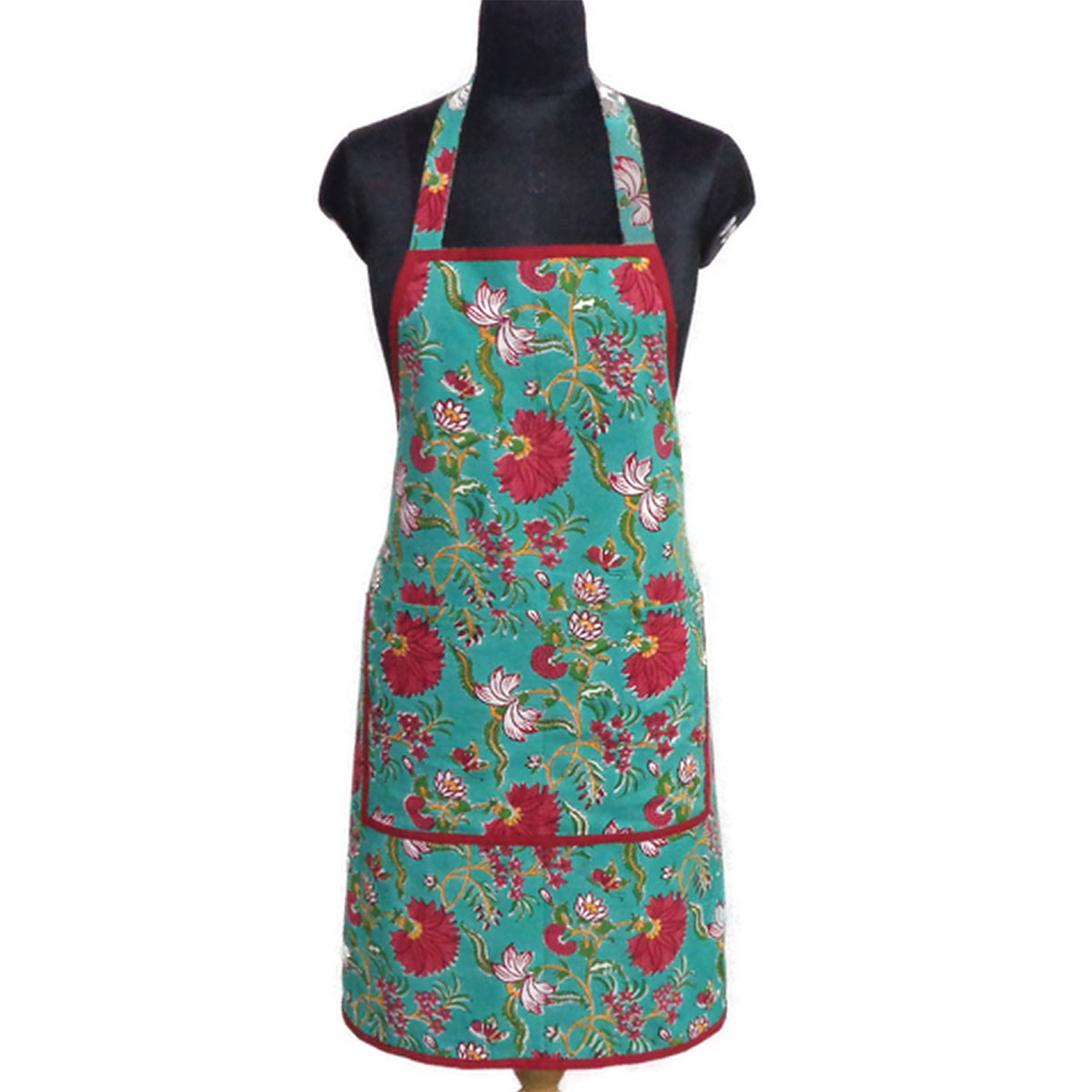 Indian Block-Printed 100 Cotton Apron Flower Blossom Jade Gud 104415