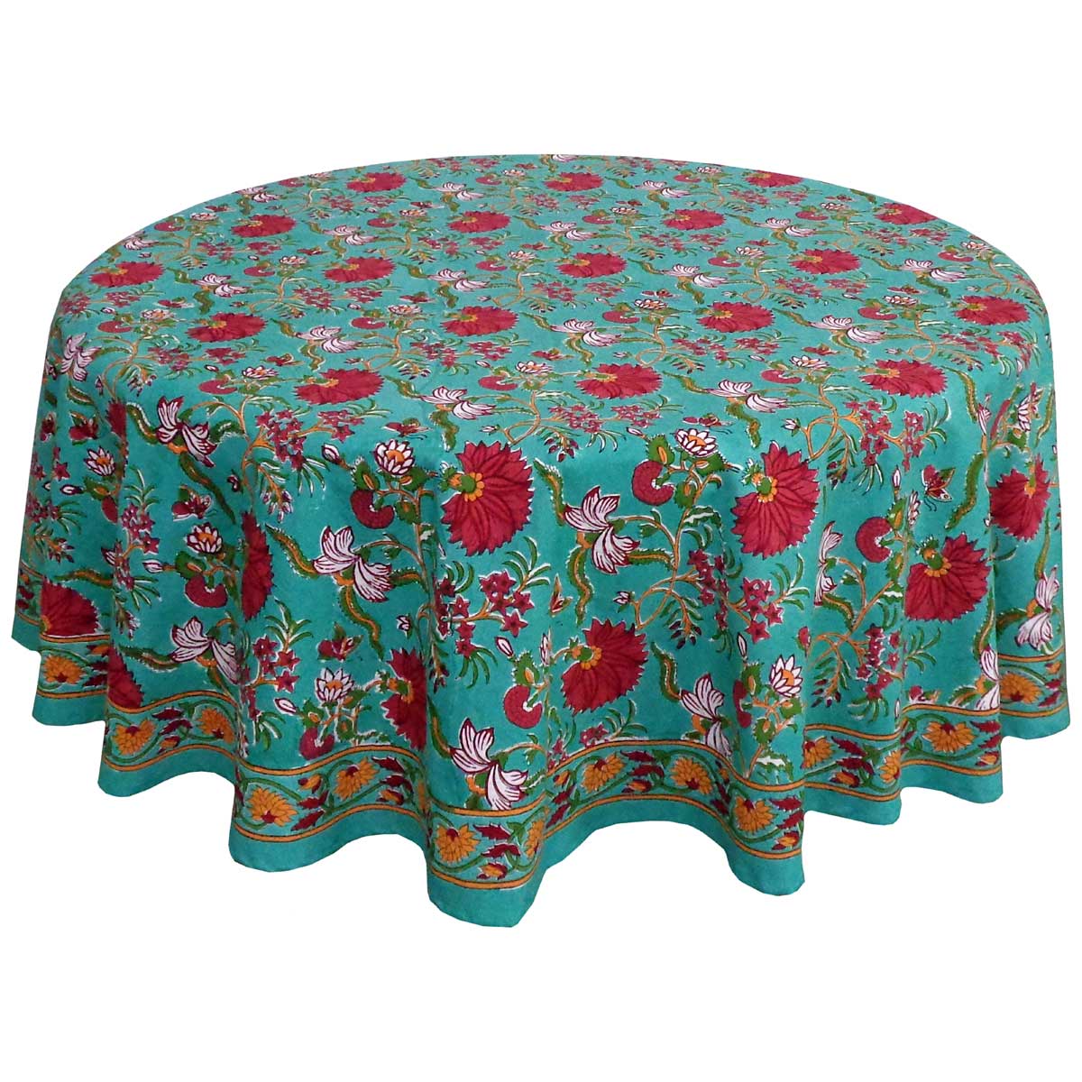 Hand Block Printed Cotton Round Tablecloth 220 cms Flower Blossom Jade Gud 104415