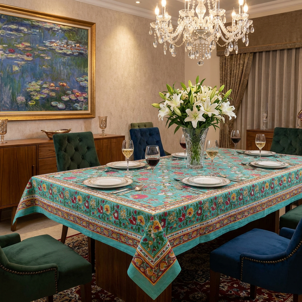 Hand Block Printed Cotton Tablecloth 180x340 cms Flower Blossom Jade Gud 104415