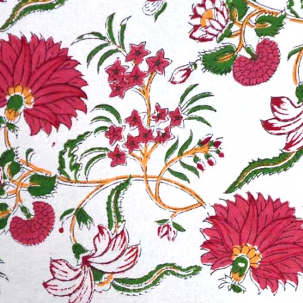 5 Yard Running Fabric  Hand Block Printed Cotton 20 Sheeting Fabric  Flower Blossom Jade Open 109122