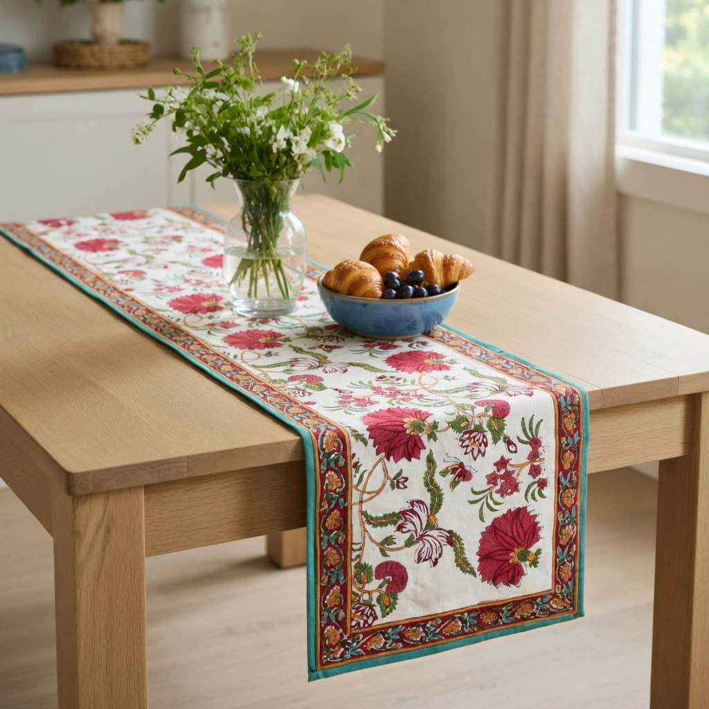 Hand Block Printed Cotton Canvas Table Runner 33x170 cms Flower Blossom Jade Open 109122