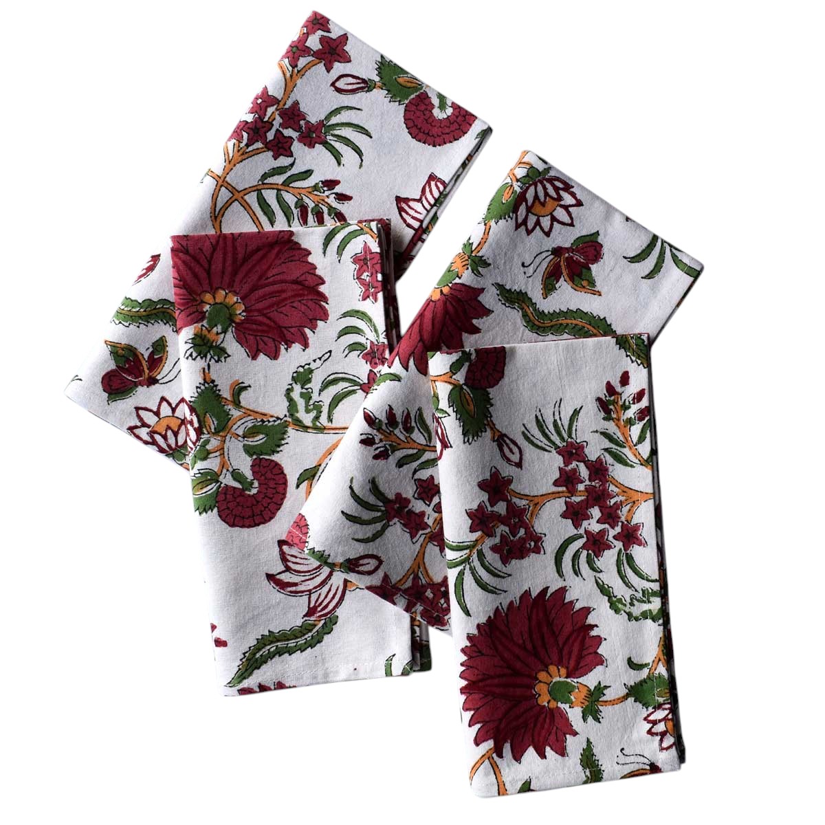 Hand Block Printed Cotton Napkin 45x45 cms Set of 4 Napkins Flower Blossom Jade Open 109122