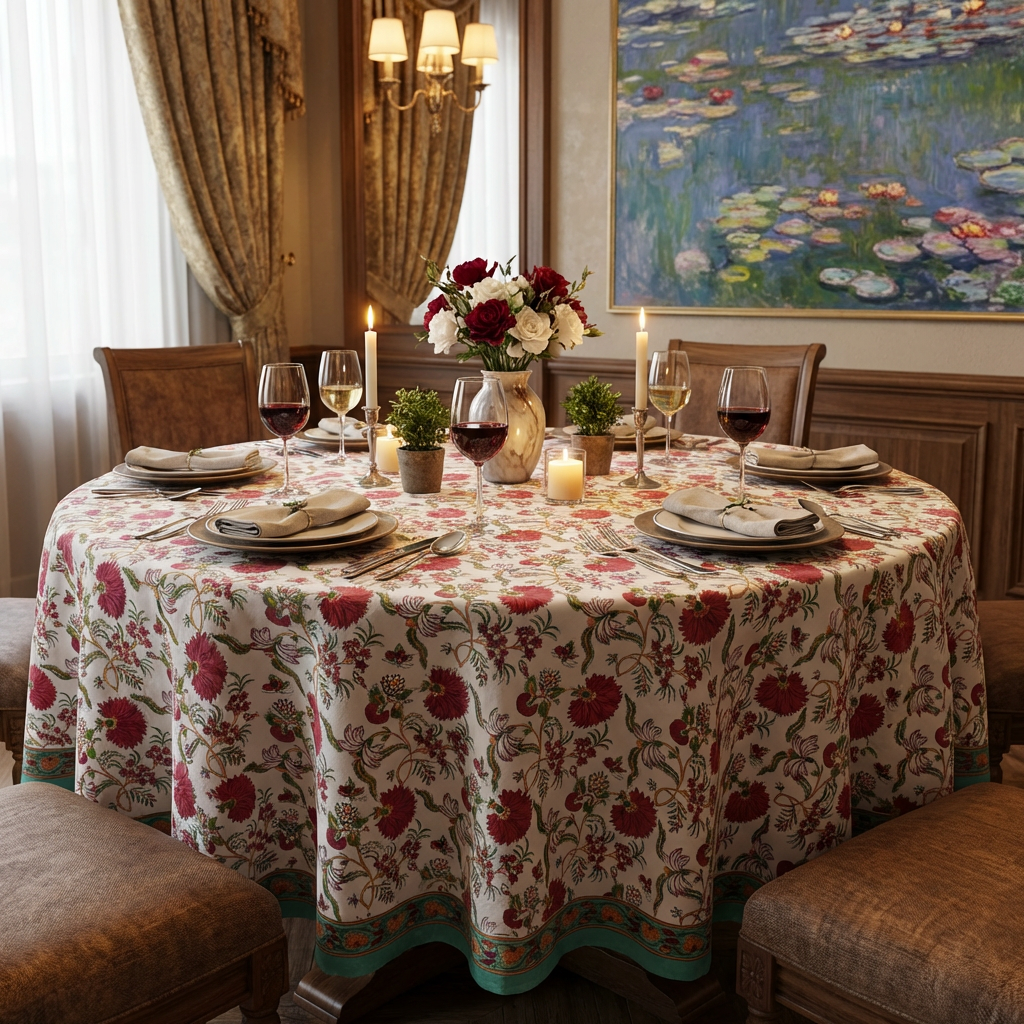 Hand Block Printed Cotton Round Tablecloth 275 cms Flower Blossom Jade Open 109122