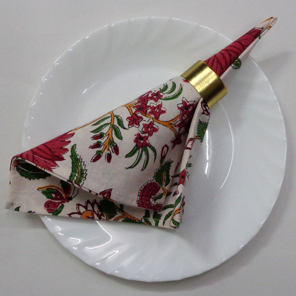 Hand Block Printed Cotton Napkin 45x45 cms Set of 4 Napkins Flower Blossom Jade Open 109122