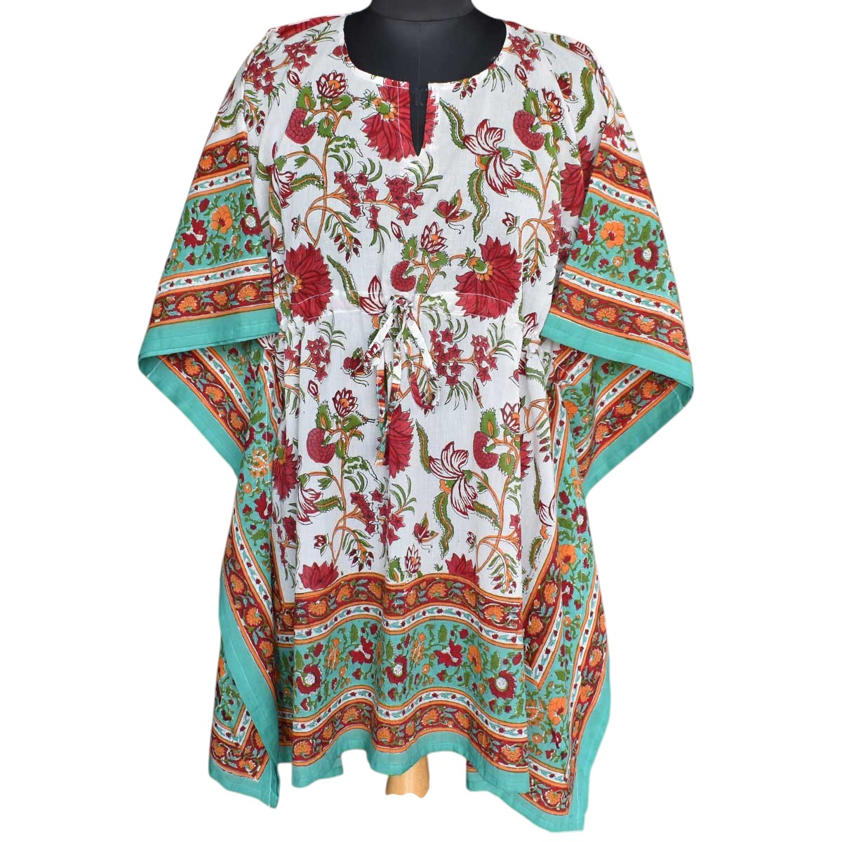 String Kaftan Free Size Indian Block Printed on Soft Cotton Voile Flower Blossom Jade Open 109122