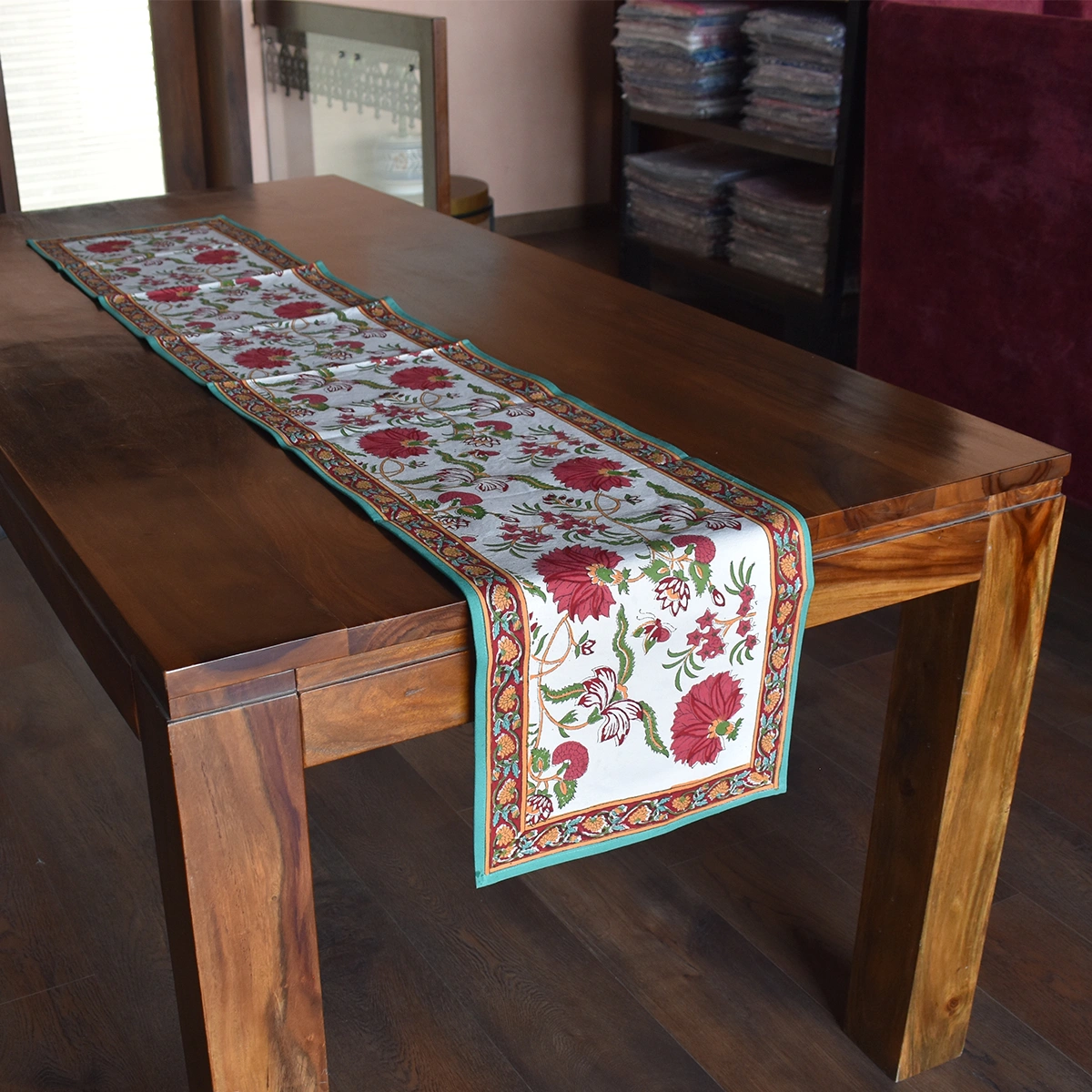 Hand Block Printed Cotton Canvas Table Runner 33x170 cms Flower Blossom Jade Open 109122