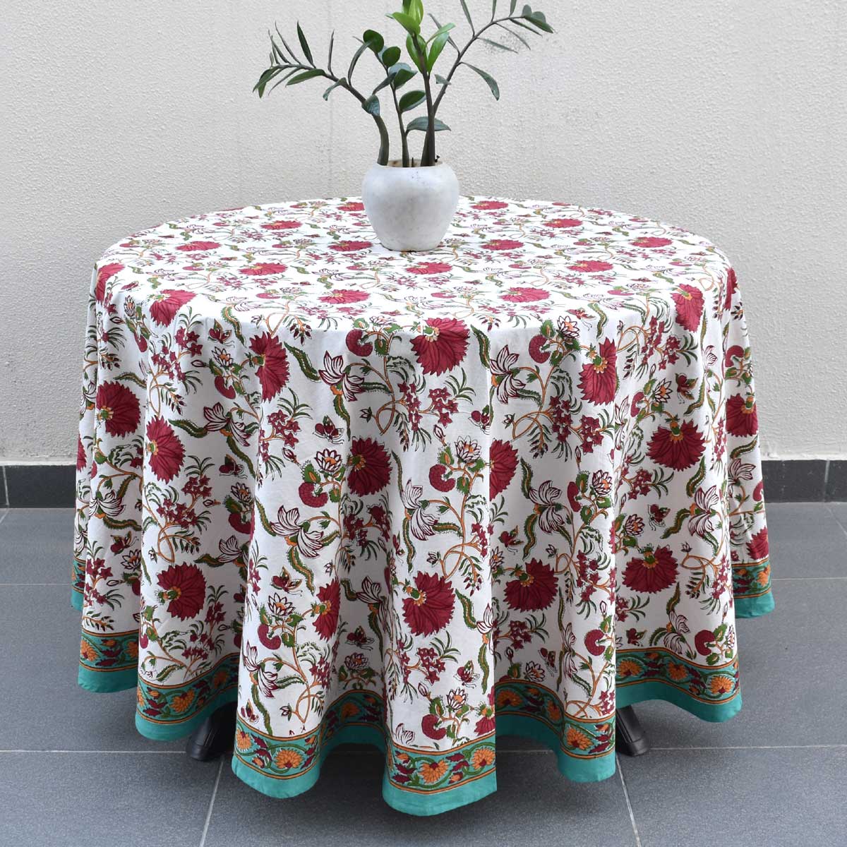 Hand Block Printed Cotton Round Tablecloth 180 cms Flower Blossom Jade Open 109122