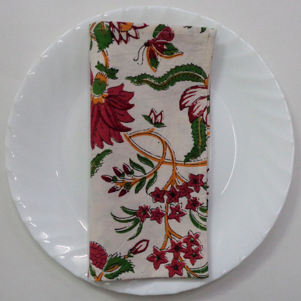 Hand Block Printed Cotton Napkin 45x45 cms Set of 4 Napkins  Flower Blossom Jade Open 109122