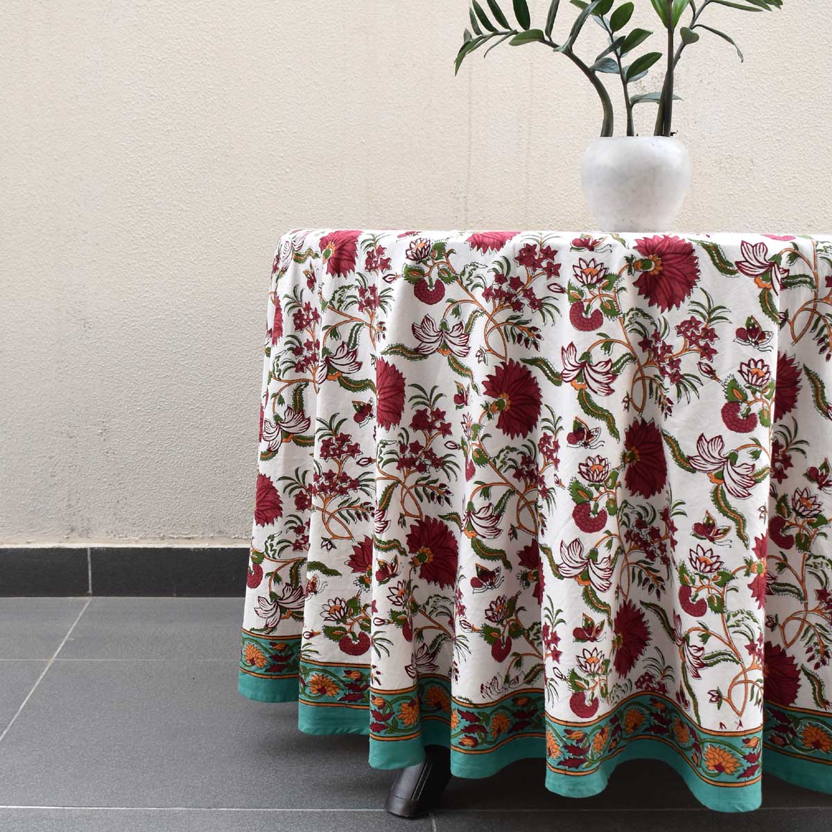 Hand Block Printed Cotton Round Tablecloth 275 cms Flower Blossom Jade Open 109122