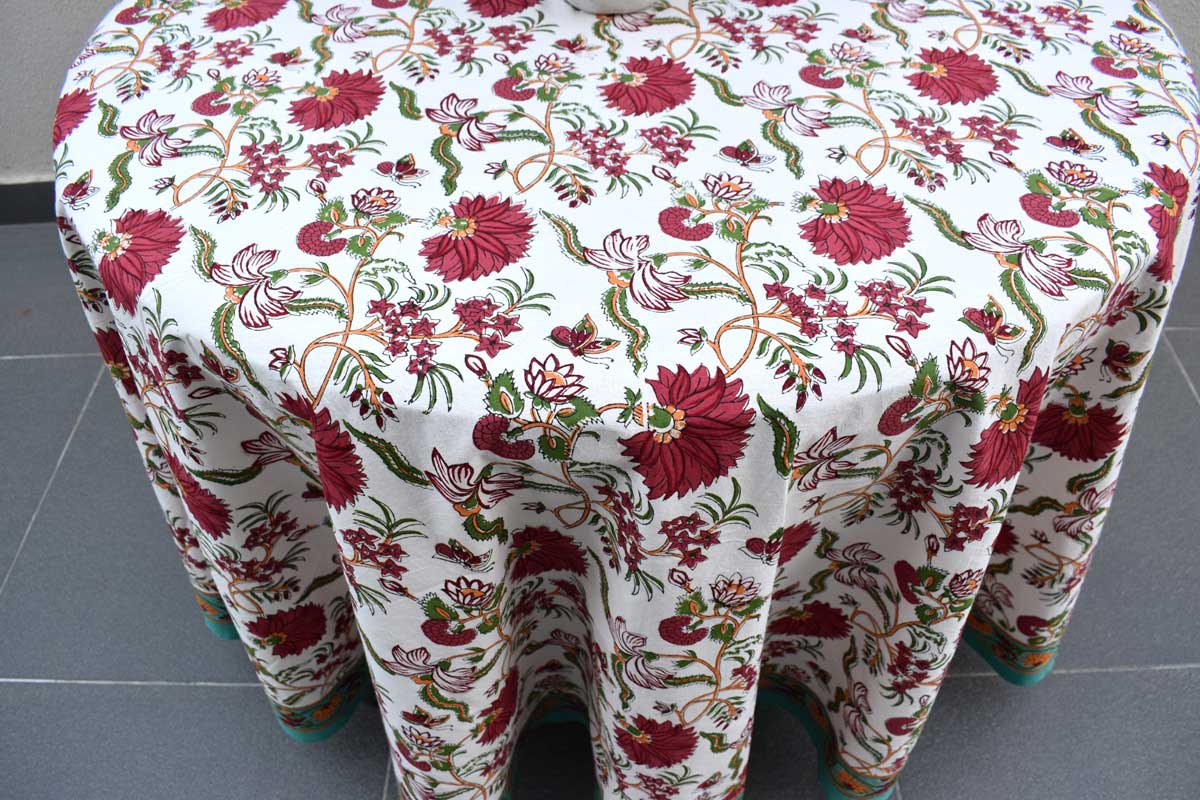 Hand Block Printed Cotton Round Tablecloth 275 cms Flower Blossom Jade Open 109122