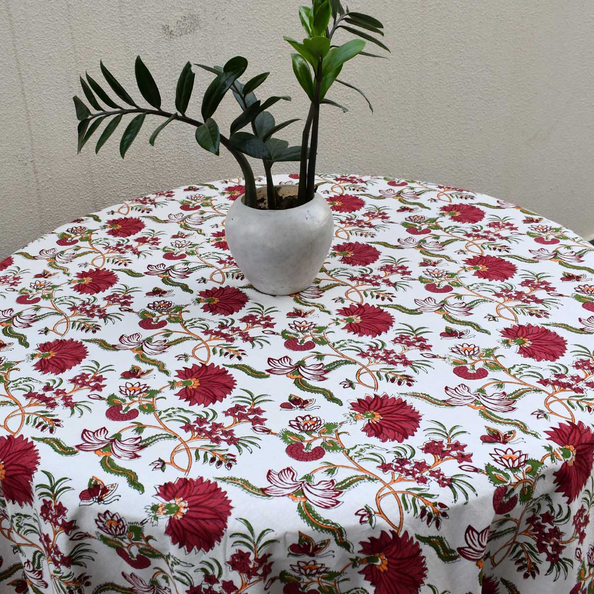Hand Block Printed Cotton Round Tablecloth 275 cms Flower Blossom Jade Open 109122