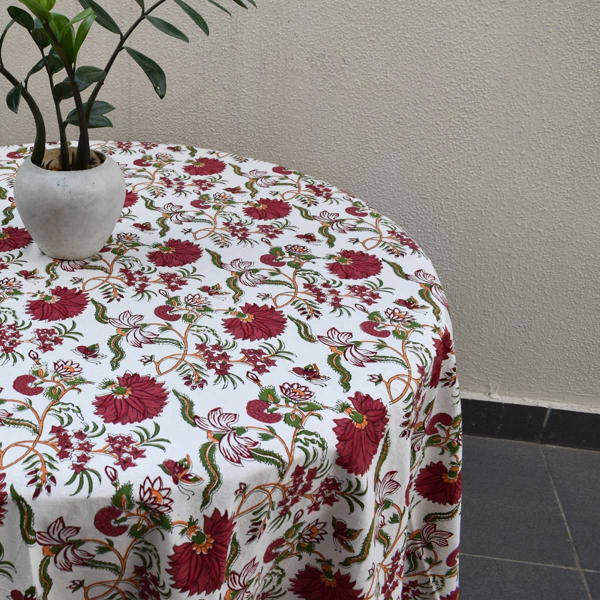 Hand Block Printed Cotton Round Tablecloth 275 cms Flower Blossom Jade Open 109122
