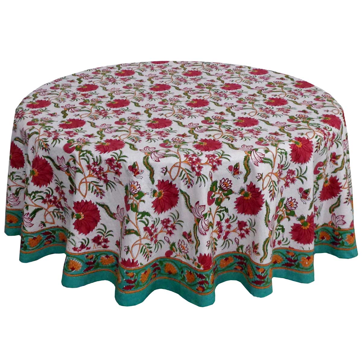 Hand Block Printed Cotton Round Tablecloth 180 cms Flower Blossom Jade Open 109122