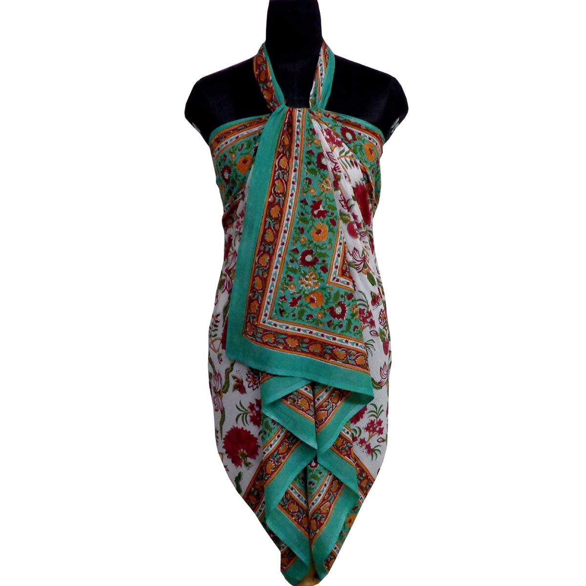 Beach Wrap Sarong Womens Swimwear Wraparound Pareo Soft Cotton Hand Block Printed Flower Blossom Jade Open 109122