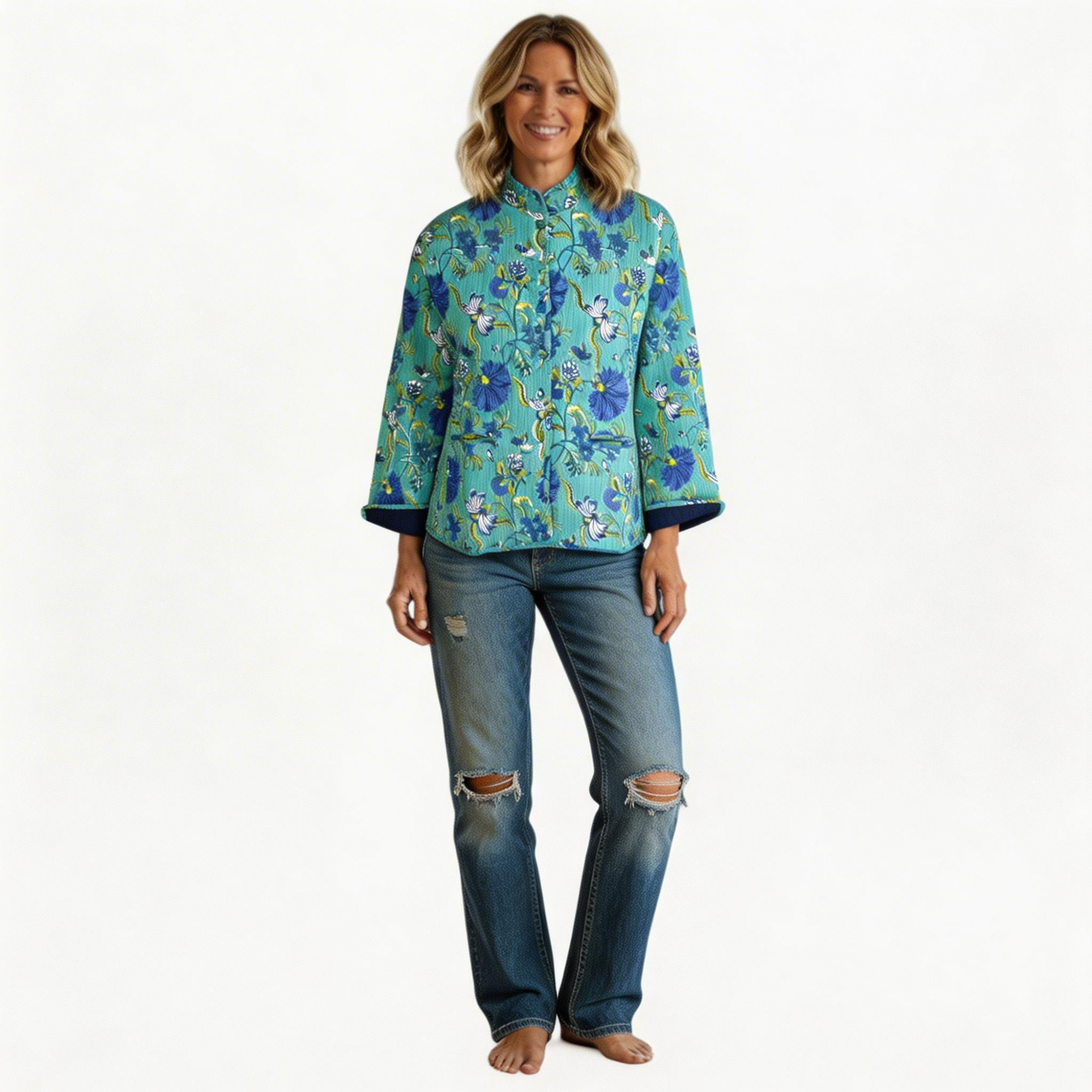 Quilted Jacket Size Short Length Flower Blossom Sea Green Gud 106040