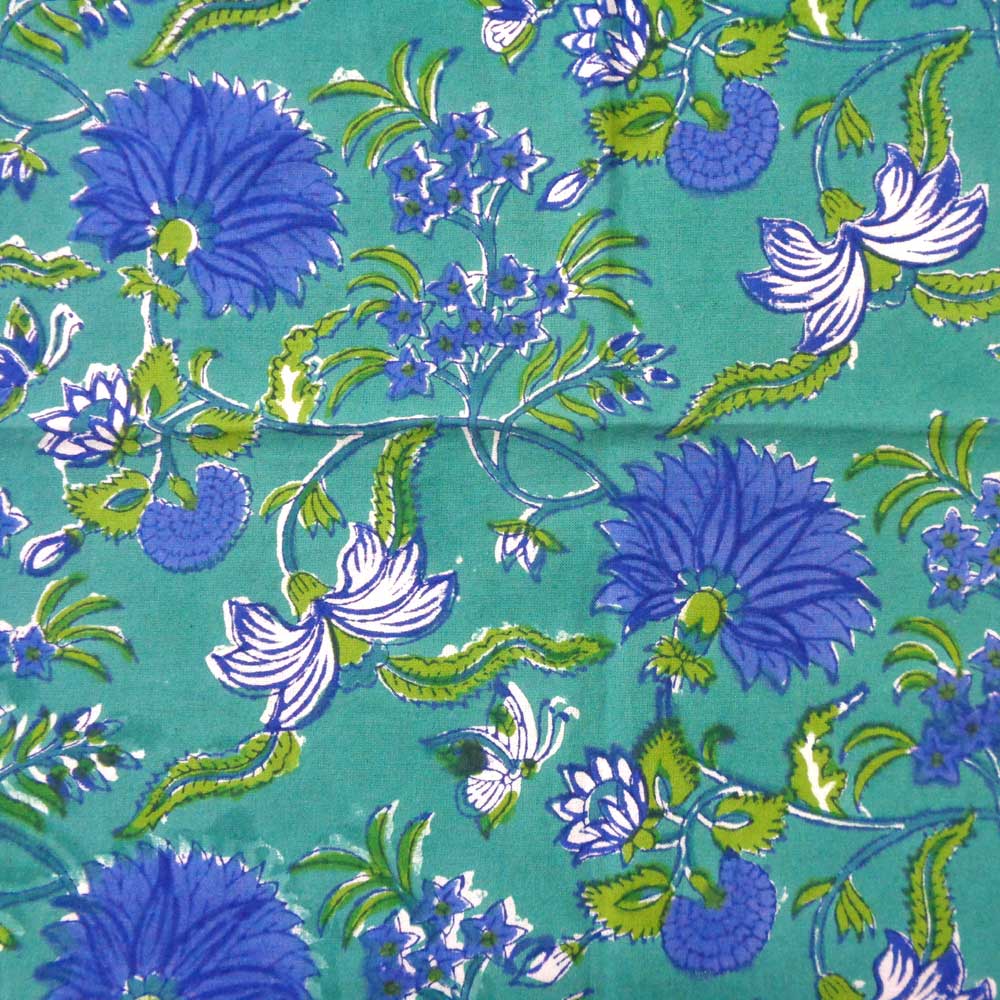 Hand Block Printed Cotton Napkin 45x45 cms Set of 4 Napkins Flower Blossom Sea Green Gud 106040
