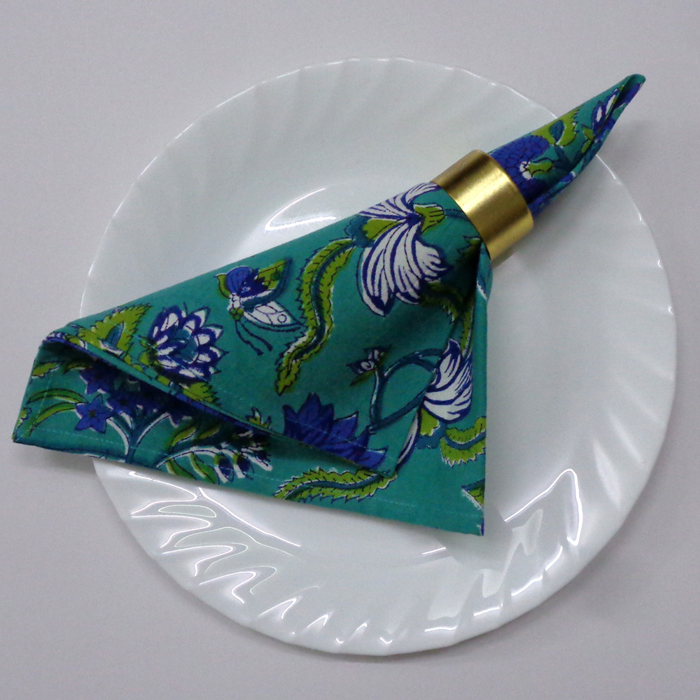 Hand Block Printed Cotton Napkin 45x45 cms Set of 4 Napkins Flower Blossom Sea Green Gud 106040