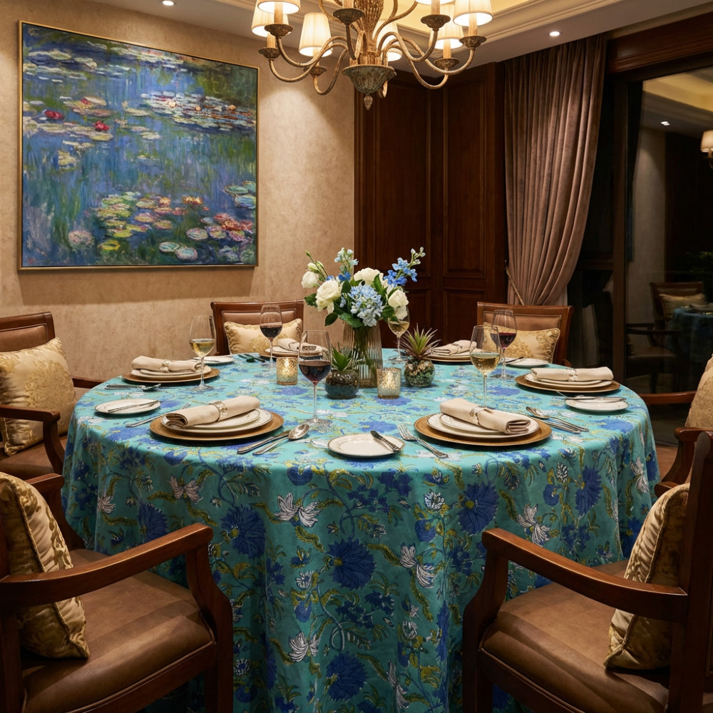 Image of Hand Block Printed Cotton Round Tablecloth 220 cms | Flower Blossom Sea Green Gud 106040