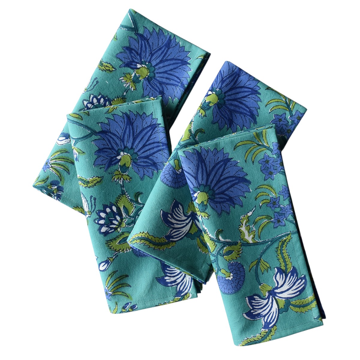 Hand Block Printed Cotton Napkin 45x45 cms Set of 4 Napkins Flower Blossom Sea Green Gud 106040