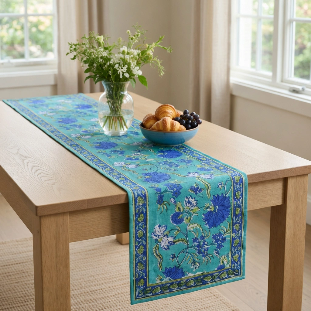 Hand Block Printed Cotton Canvas Table Runner 33x170 cms Flower Blossom Sea Green Gud 106040