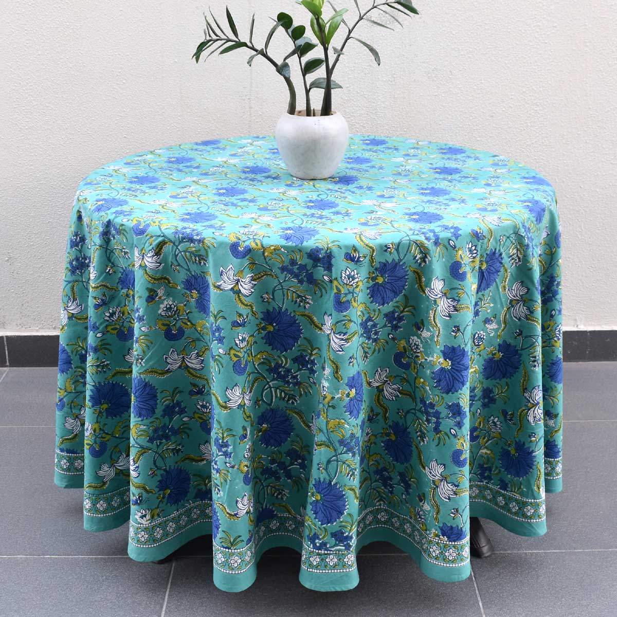 Hand Block Printed Cotton Round Tablecloth 220 cms Flower Blossom Sea Green Gud 106040