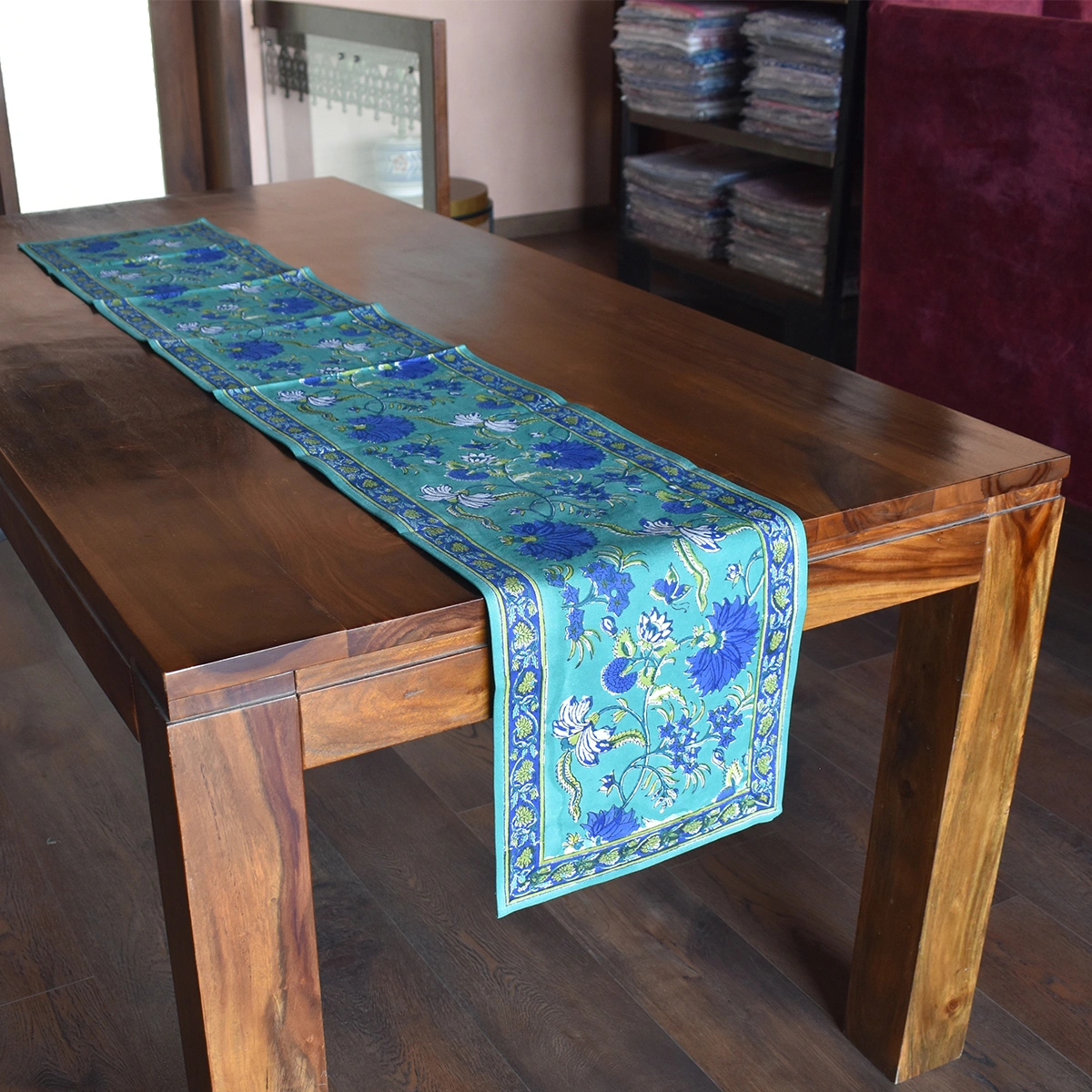 Hand Block Printed Cotton Canvas Table Runner 33x170 cms Flower Blossom Sea Green Gud 106040