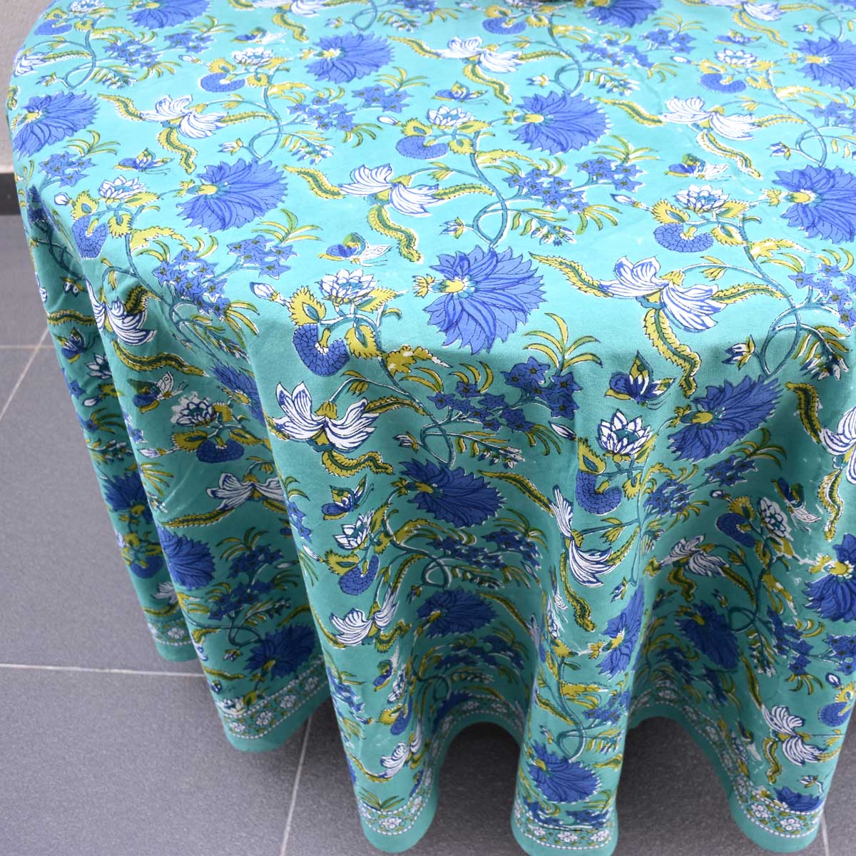 Hand Block Printed Cotton Round Tablecloth 220 cms Flower Blossom Sea Green Gud 106040