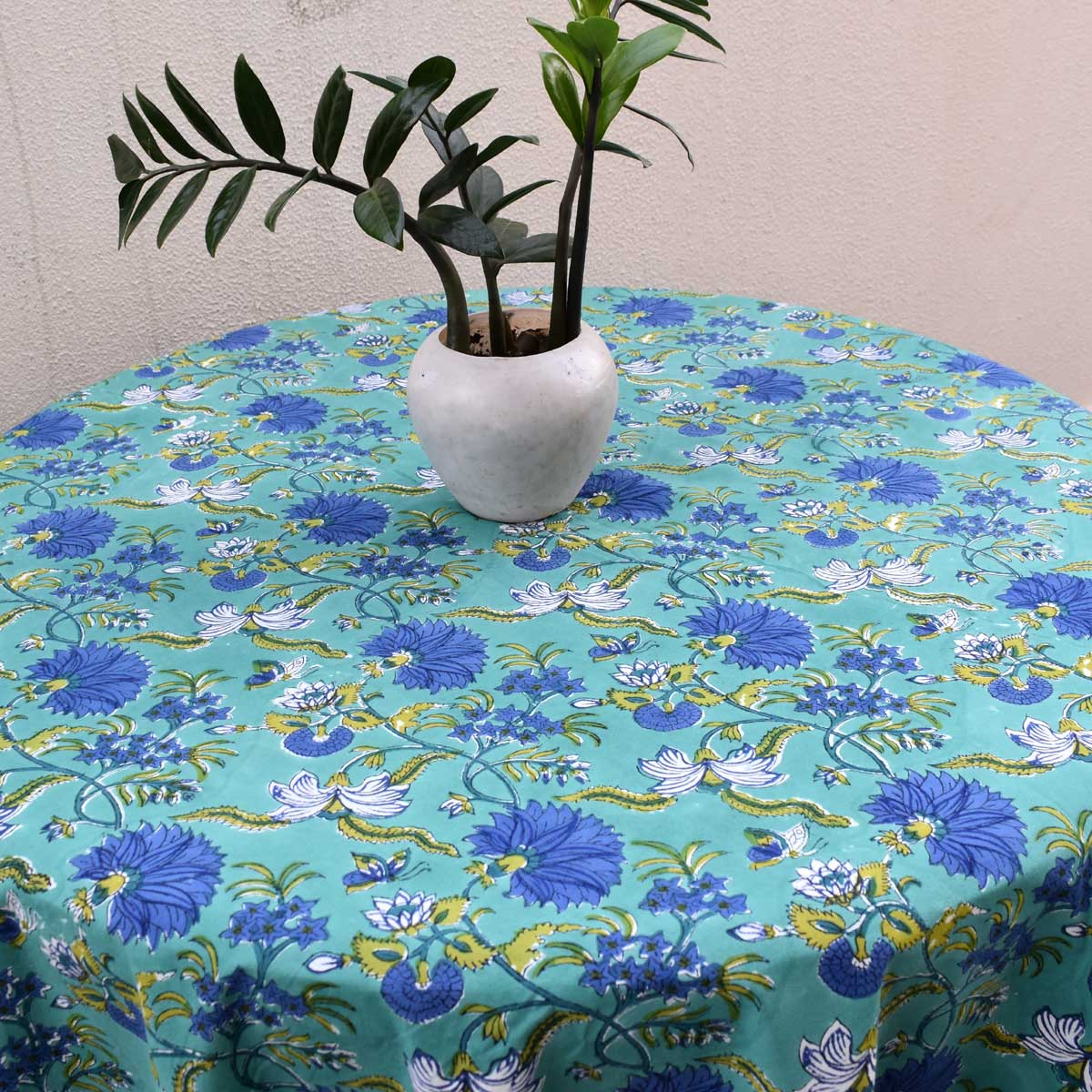 Hand Block Printed Cotton Round Tablecloth 220 cms Flower Blossom Sea Green Gud 106040