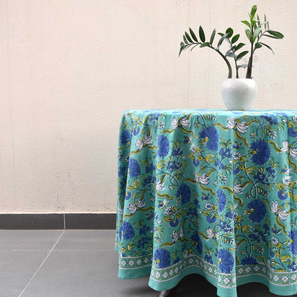 Hand Block Printed Cotton Round Tablecloth 220 cms Flower Blossom Sea Green Gud 106040