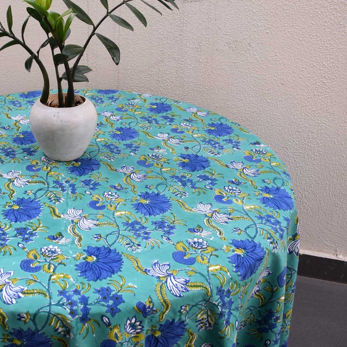 Hand Block Printed Cotton Round Tablecloth 220 cms Flower Blossom Sea Green Gud 106040