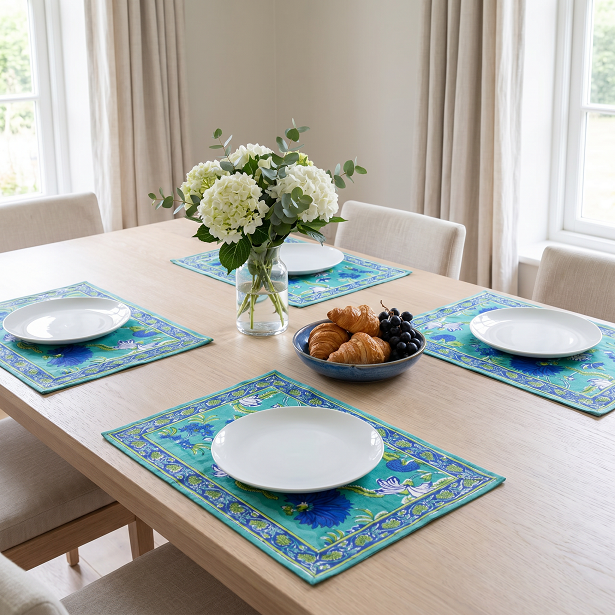 Hand Block Printed Cotton Canvas Table Mat 32x48 cms Set of 2 Table mats Flower Blossom Sea Green Gud 106040