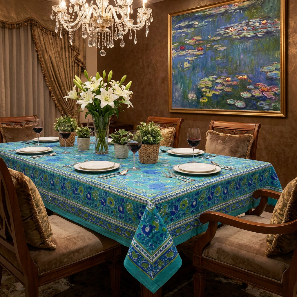 Hand Block Printed Cotton Tablecloth 150x220 cms Flower Blossom Sea Green Gud 106040