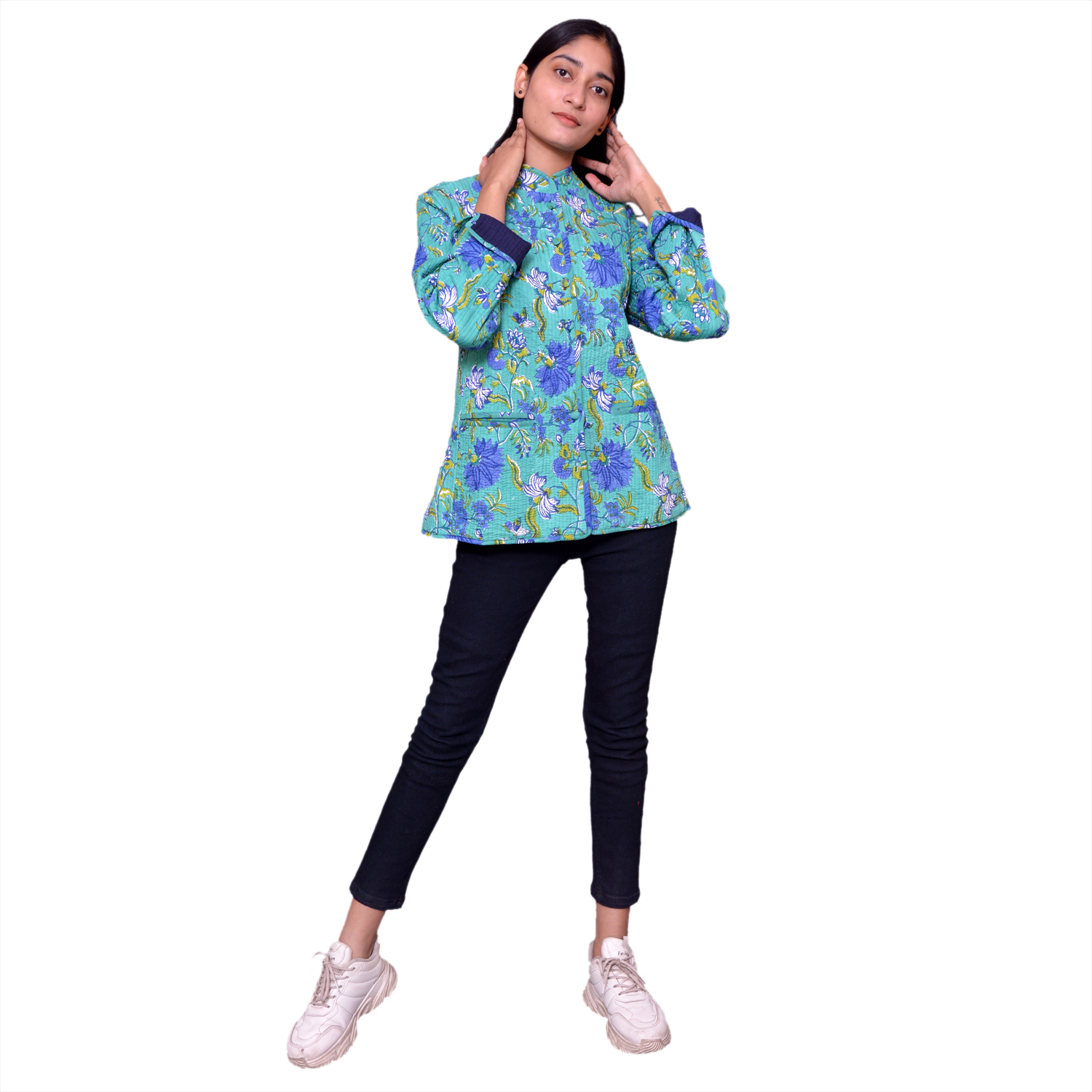 Quilted Jacket Size Short Length Flower Blossom Sea Green Gud 106040