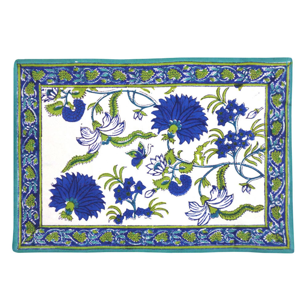 Hand Block Printed Cotton Canvas Table Mat 32x48 cms Set of 2 Table mats Flower Blossom Sea Green Open 100358